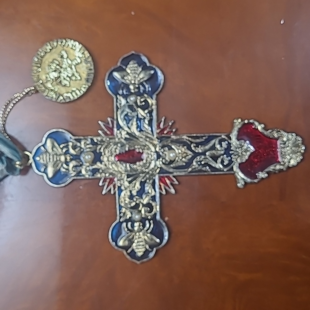 Kurt Adler Vatican Library Collection Enamel Pearls Cross Ornament Red/Blue